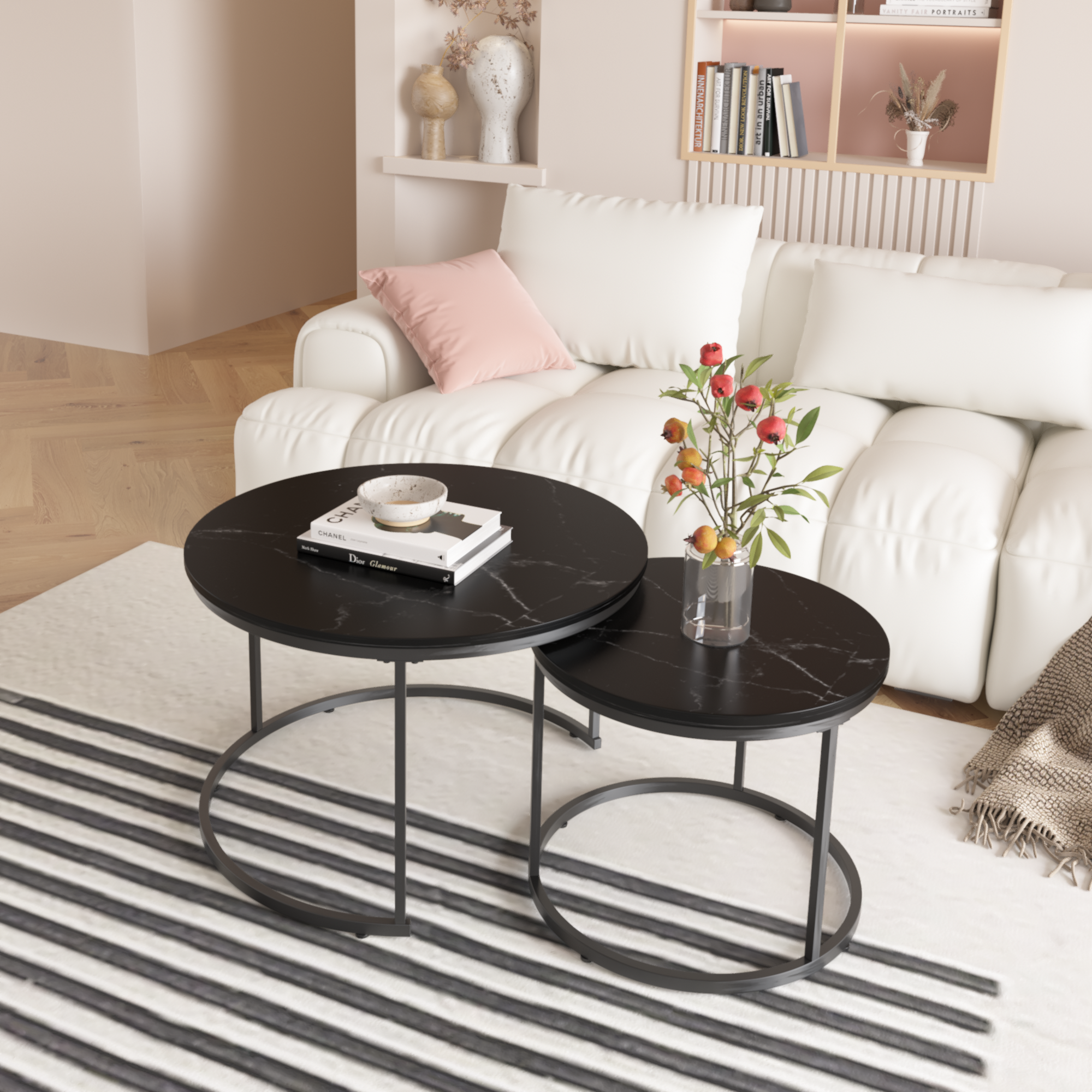 39F Inc. - Wholesale Coffee Table - Set of 2 Nesting Round Black Coffee Tables with Marble Top3