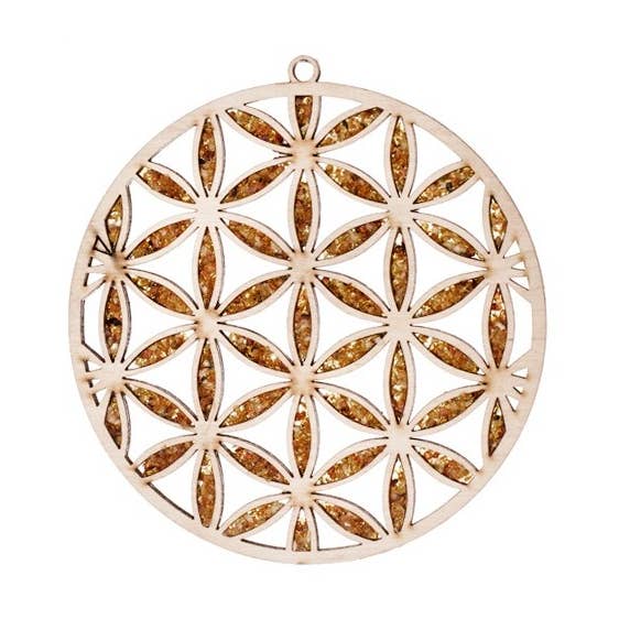 Birch and amber flower of life plate and decoration, 20 cm for wholesale by OPALOOK France
