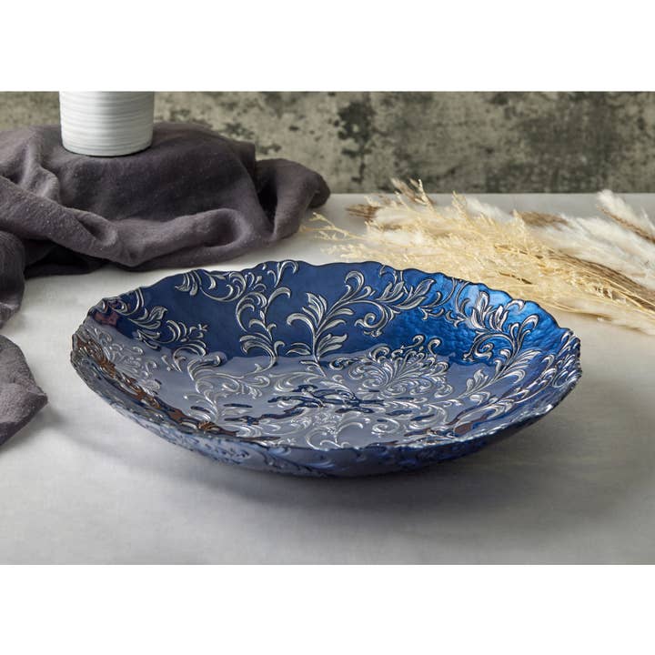 Barokskål med håndmalet sølvfiligran på dybblåt glas for engroshandel hos The DRH Collection BV