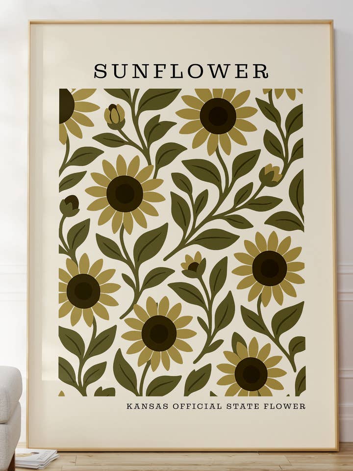 Impression artistique de la fleur de l'État du Kansas – Tournesol pour la vente par The FlatFile Society