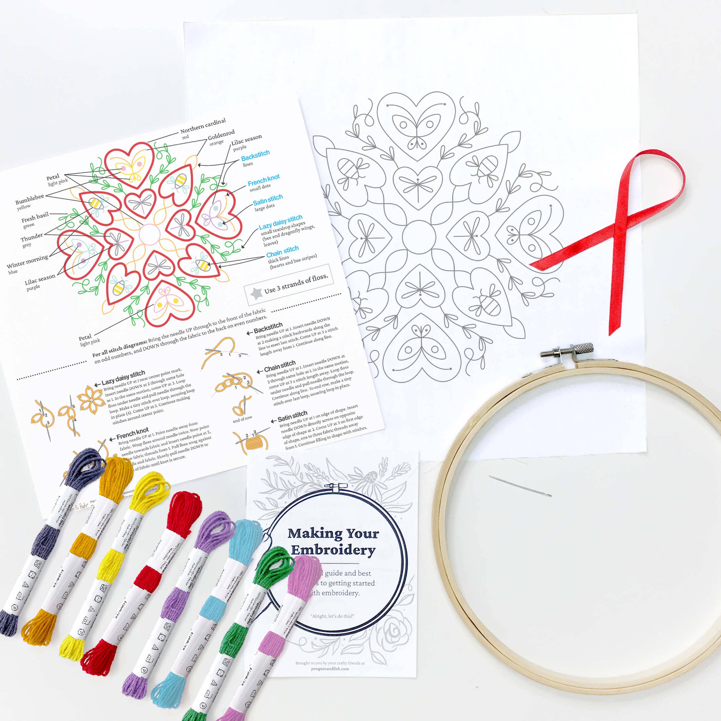 Penguin & Fish - Wholesale Embroidery/Cross Stitch Supplies - Heart Garden 8" embroidery kit2