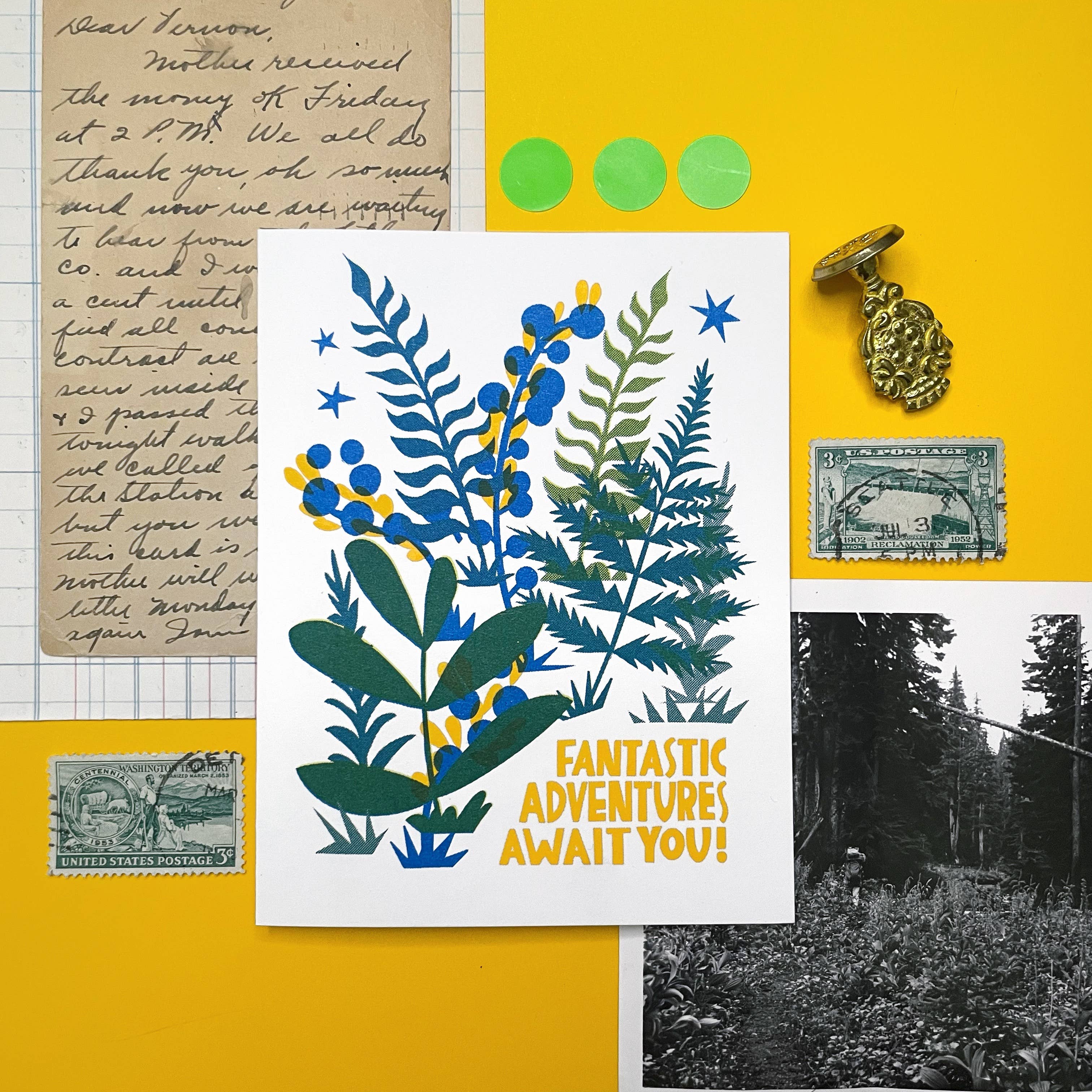 Pier Six Press - Venta al por mayor Tarjetas de felicitación - Fantastic Adventures - Tarjeta risográfica Forest Fern3