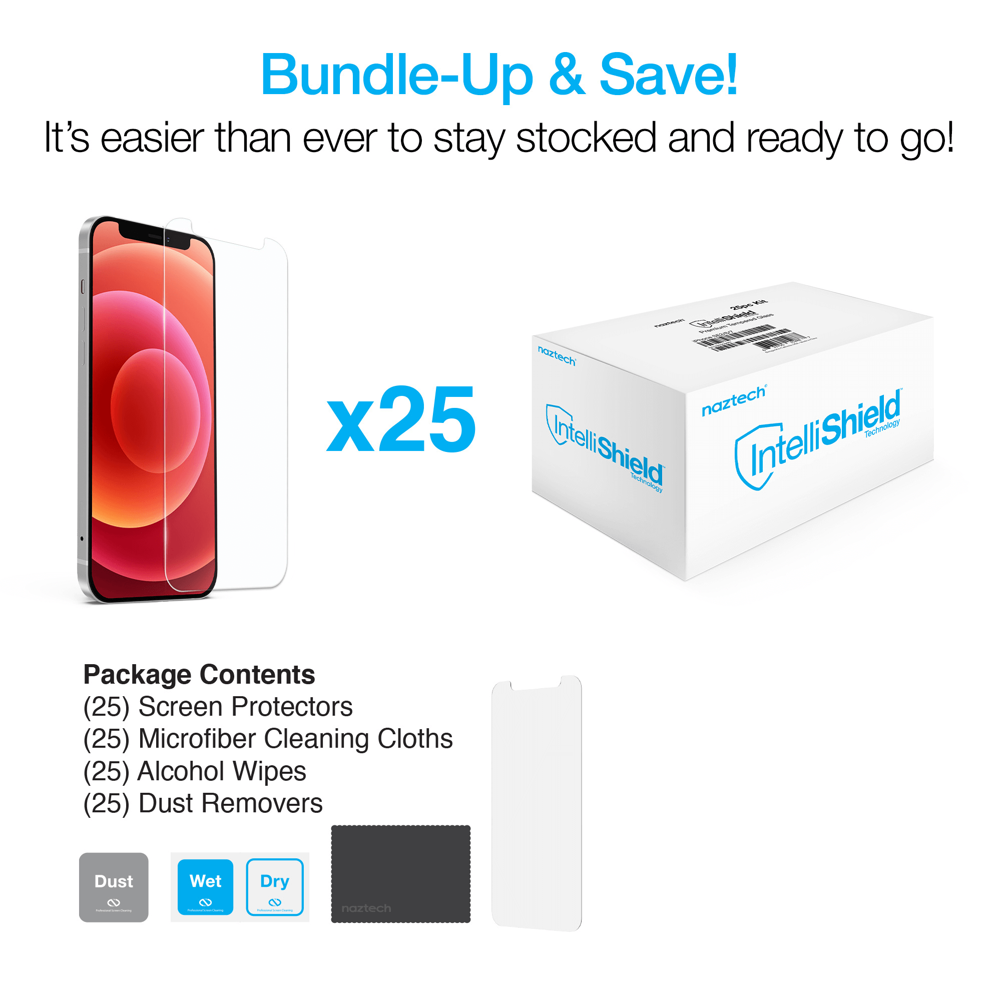 JupiterGear Home – Protetor de ecrã de tablet por atacado – Conjunto de 25 peças de Vidro Temperado Naztech IntelliShield HD para iPhone6