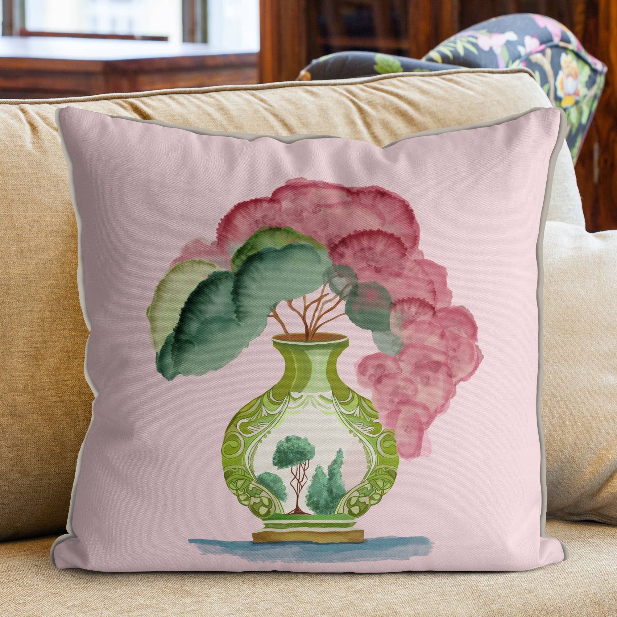 FabFunky Ltd – Almofada decorativa/de sofá por atacado – Vaso Verde Rosa 3 Almofada Chinoiserie ou Almofada exterior2