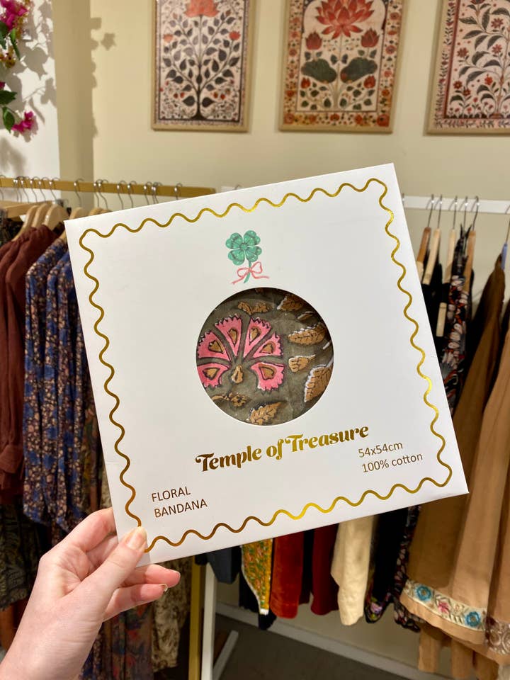 Pañuelo de algodón indio en verde y rosa Blockprint caja de regalo para venta al por mayor de Temple of Treasure