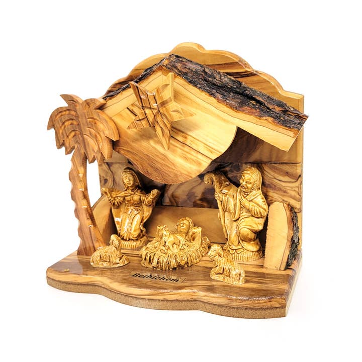 Eclectic Woodchuck - Venta al por mayor Decoración de belenes - Nacimiento musical de madera de olivo con figuras de yeso