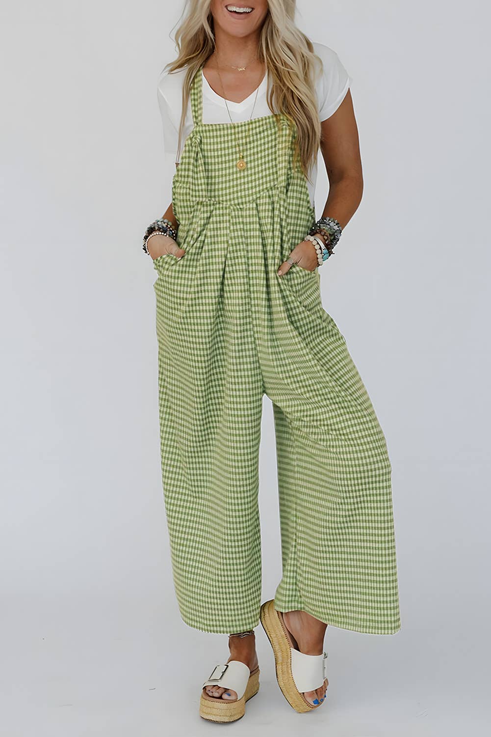 Green Gingham Wide Leg Loose Overall with Pockets for wholesale on Faire