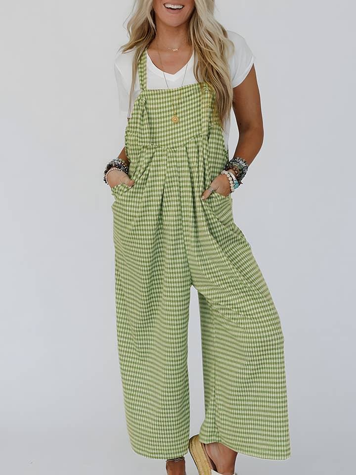 Green Gingham Wide Leg Loose Overall with Pockets for wholesale on Faire0