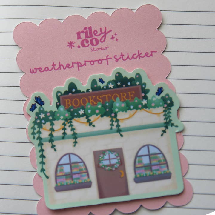 Whimsical Bookstore Sticker for wholesale by Riley.Co