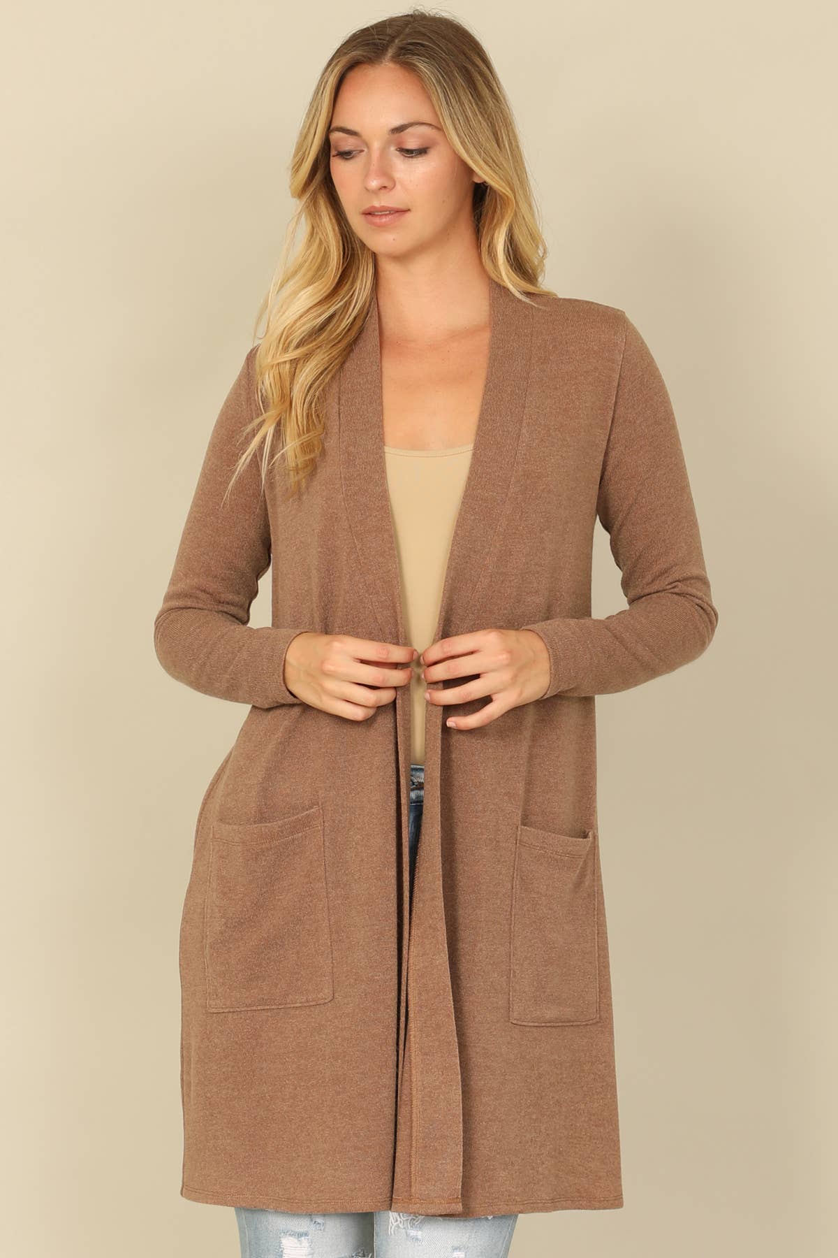 You & Me - Wholesale Cardigan - Women's - YMC30014V-SOLID LONG SLEEVE SIDE POCKET OPEN FRONT CARDIGAN7