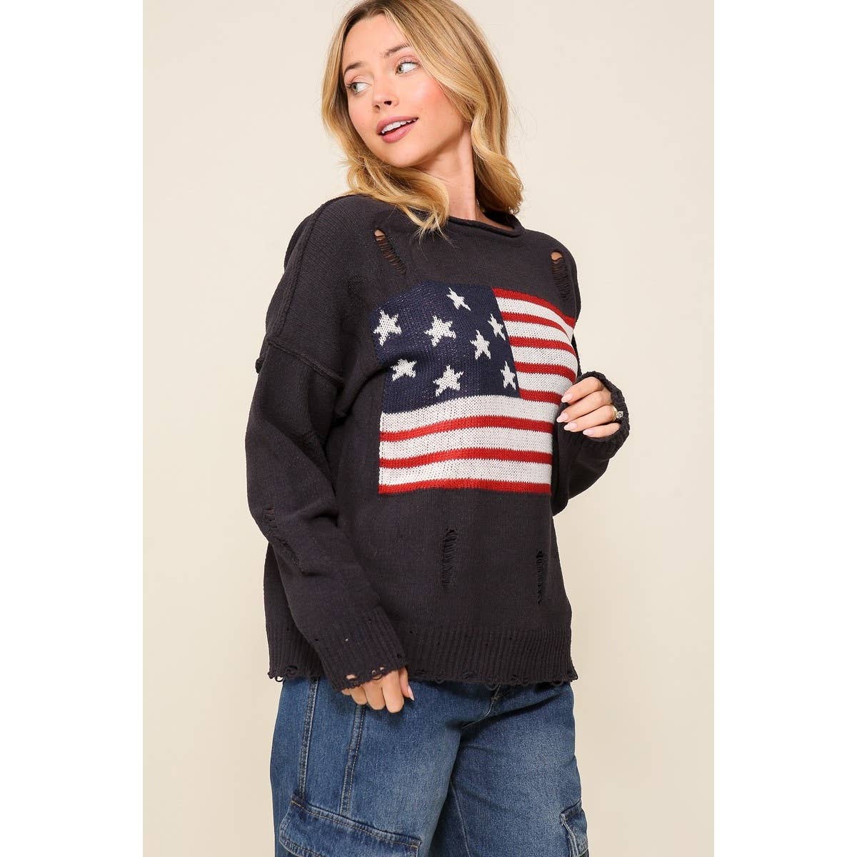 Apolline - Venta al por mayor Jersey de punto - Mujer - suéter de punto con bandera americana desgastado1