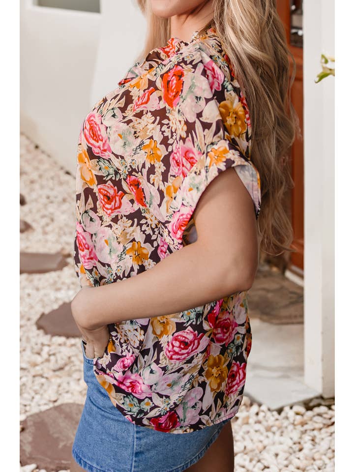 Pink LDC Floral Print Crew Neck Short Sleeve Shift Blouse for wholesale on Faire