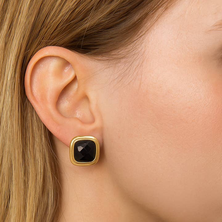 Natural Black Onyx Cushion Shape Trendy Gold Plated Studs for wholesale by El Joyero