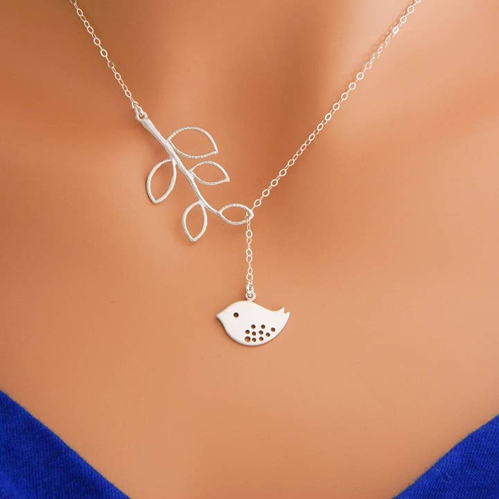 Amy and Annette - Wholesale Y-Neck/Lariat Necklace - Sterling Silver Lariat Bird and Leaf Pendant Necklace