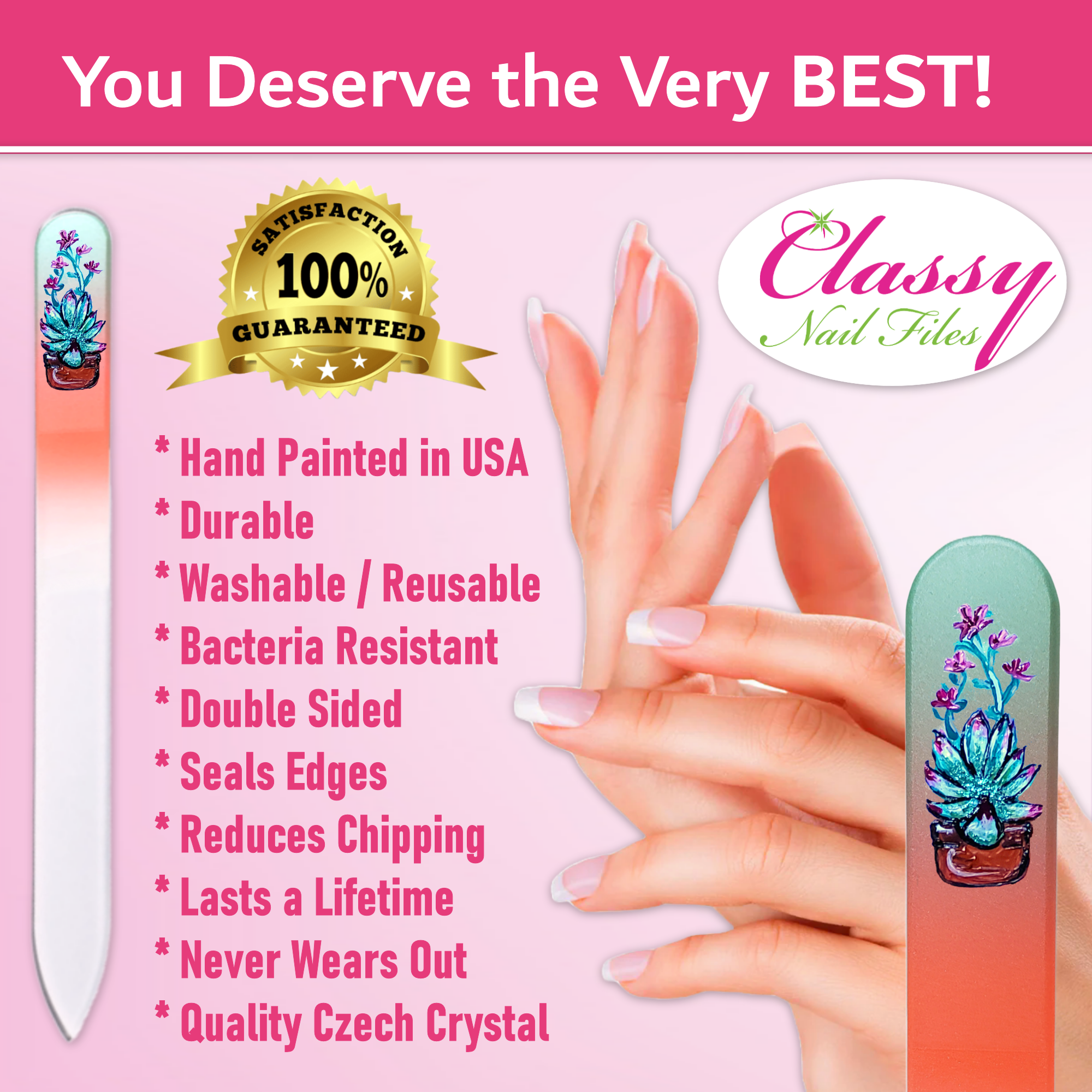 Classy Nail Files - Wholesale Nail File - Succulents Cactus Colored Hand Painted Crystal Nail File2