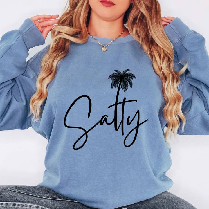 Trendznmore - Modern Graphic Apparel - Wholesale Graphic Sweatshirt - Women's - Comfort Colors Salty Beach Crewneck Sweatshirt - Cozy Beach