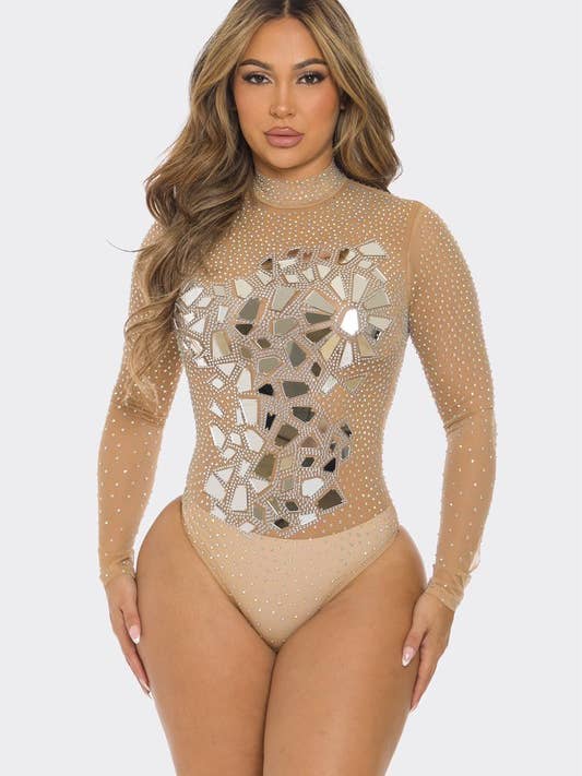 BBS44171 Strassverzierter Bodysuit mit geschliffenem Glas und Spiegeln für den Großhandel von BANJUL
