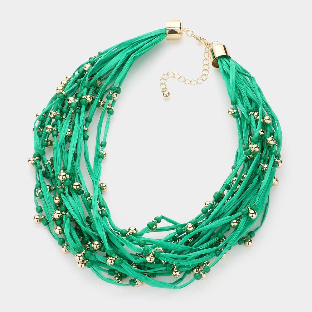 Sensibling Corp. - Wholesale Bib Necklace - Metal Ball Beads Pointed Raffia Thread Multi Layered Necklace1