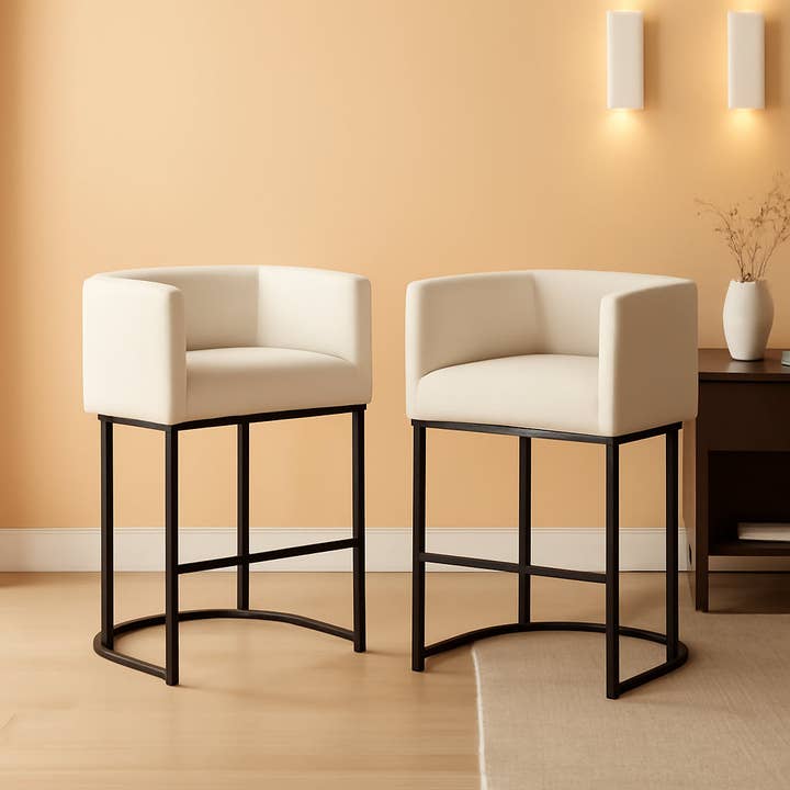 27 Inch Counter Height Bar Stools Set Of 2 With Backrest And Armrests Beige Linen Upholstery Black Metal Frames for wholesale by ShipItFurniture