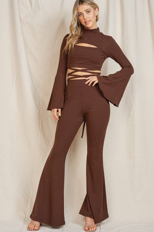 lalamia - Wholesale Pants - Women's - Wide Flair pants  #MPT18044-CHOCOLATE5