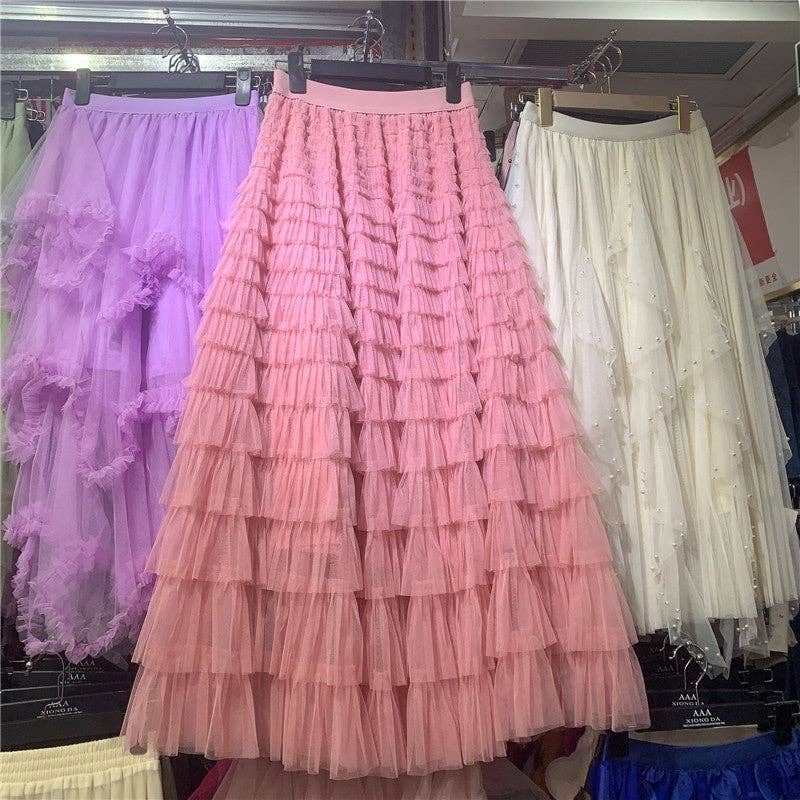 FurDecoration – wholesale Kjol - Dam – Midi-kjol i organza med volangkant i enfärgat5