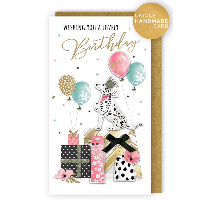 Second Nature Ltd - Vendita all'ingrosso Biglietti di auguri - Dalmata con Palloncini & Regali - Champagne - Second Nature