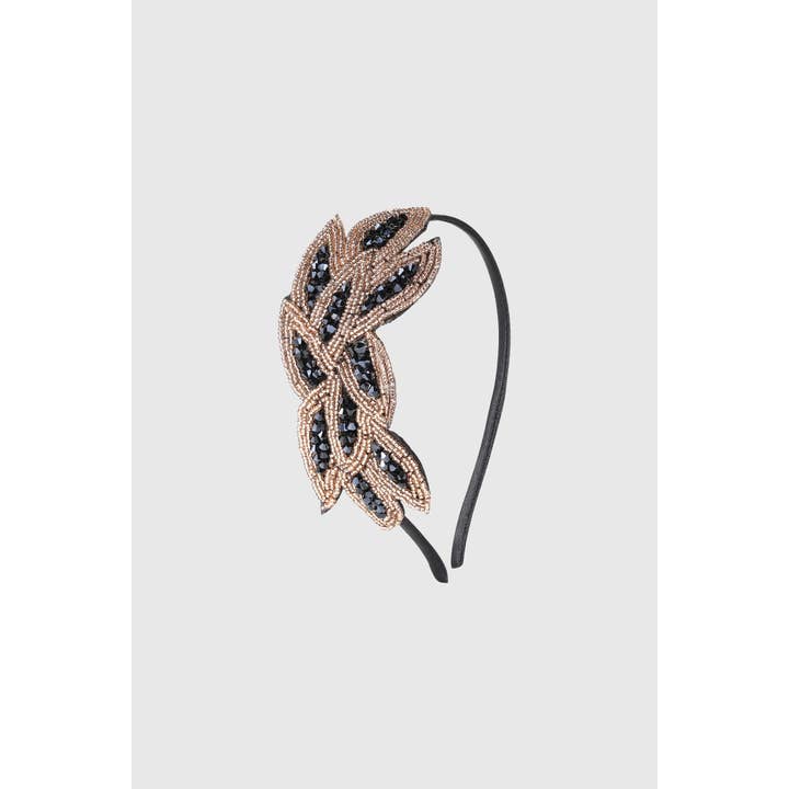 Dark Gold Black Embroidered Crystal Leaf Headband for wholesale on Faire