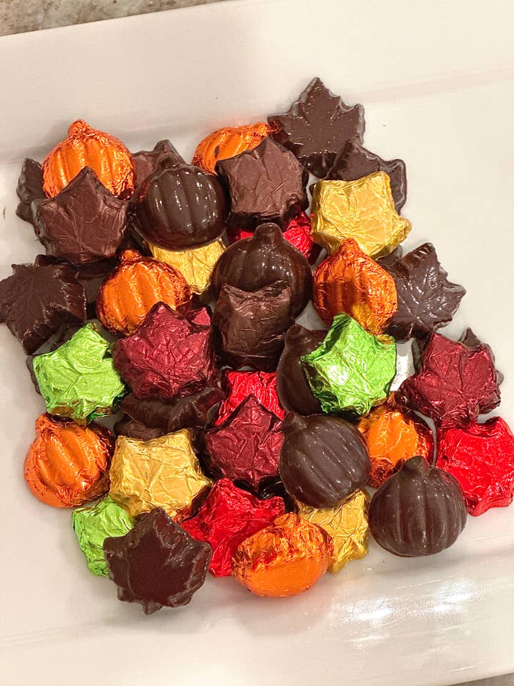 Foil Wrapped Milk Chocolate Leaves and Pumpkins for wholesale by Delightful Chocolates