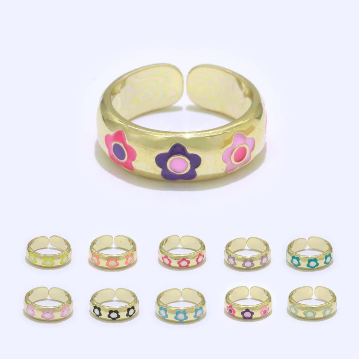 Aim Eternal – Anel de banda por atacado – Anel Ajustável Aberto com Margarida Dourada em Esmalte Joalharia Minimalista Empilhável Anel Midi S-021 ~ S-0301