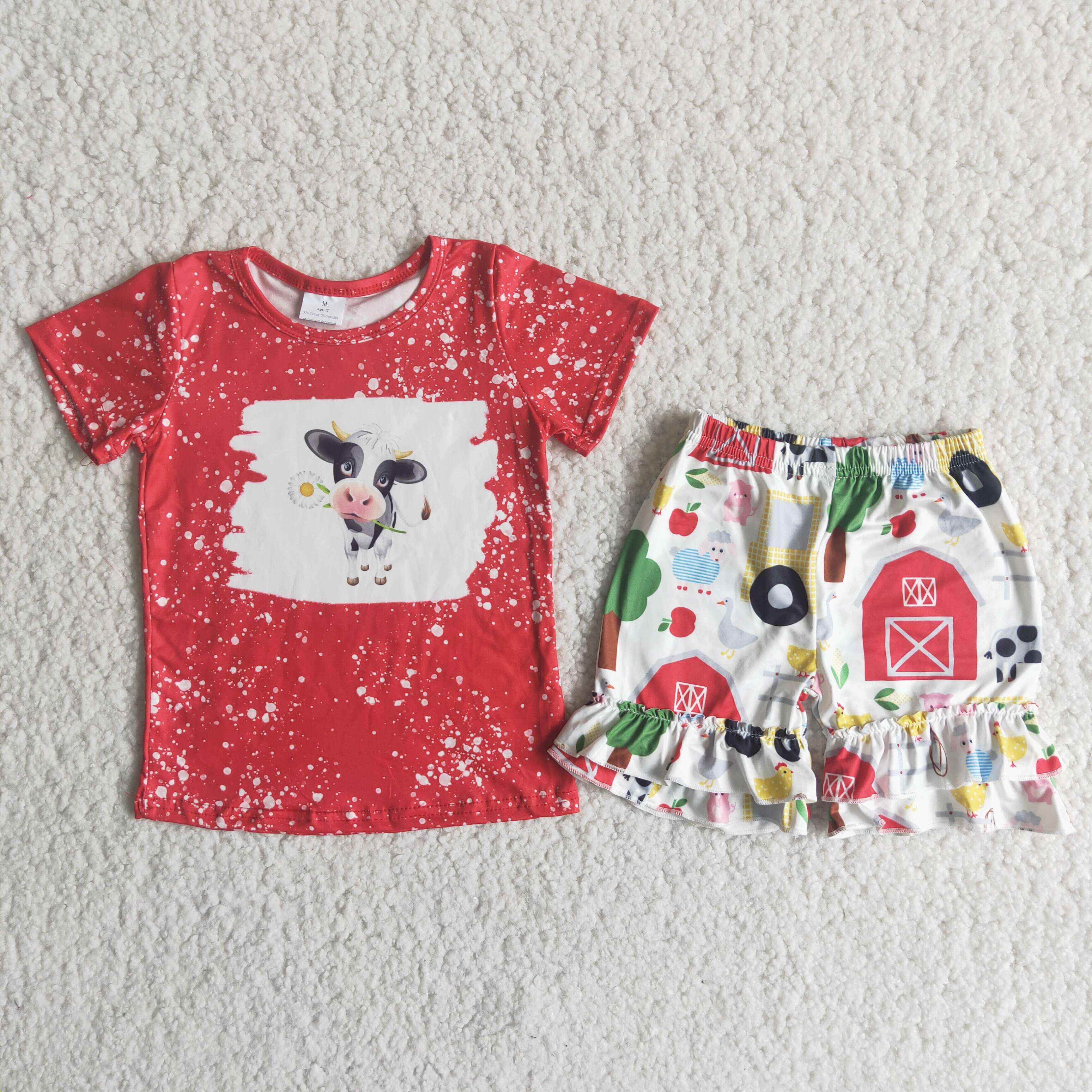 Yawoo Garments - Wholesale Top & Short Set - Kids - Cow print bleached shirt farm shorts girls clothing1