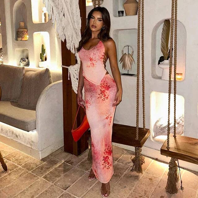 Pink Two Piece Set Women Floral Elegant Print Outfits Sexy Backless Halter Camisole Top High Waist Long Skirts Summer Clothes for wholesale on Faire2