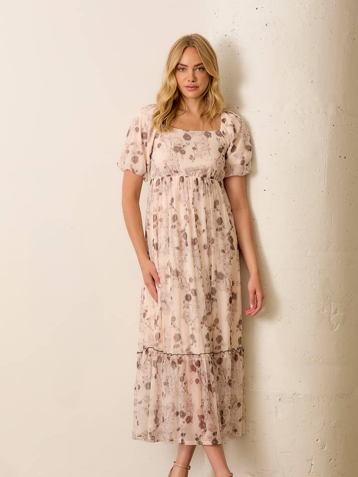 PRINTED FLORAL WOVEN BUBBLE SLEEVE DRESS for wholesale by Polagram by Wellmade USA