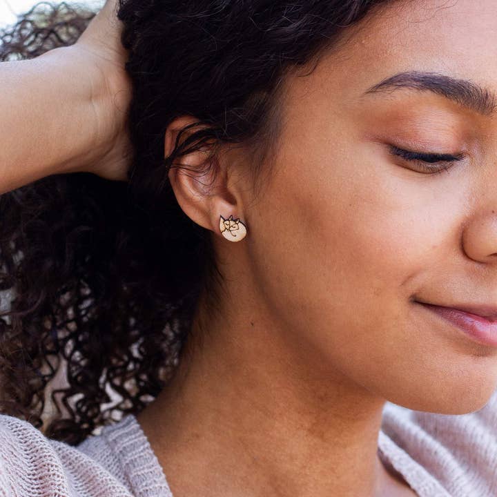 Curled Up Fox Wooden Stud Earrings, Engraved Jewelry for wholesale by Lady Laser Co
