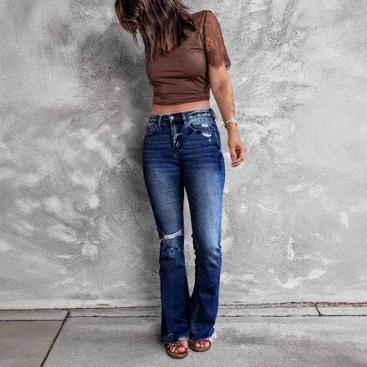 safistyle - Wholesale Jeans - Women's - High-Waist Ripped Flare Jeans with Elastic Waist3