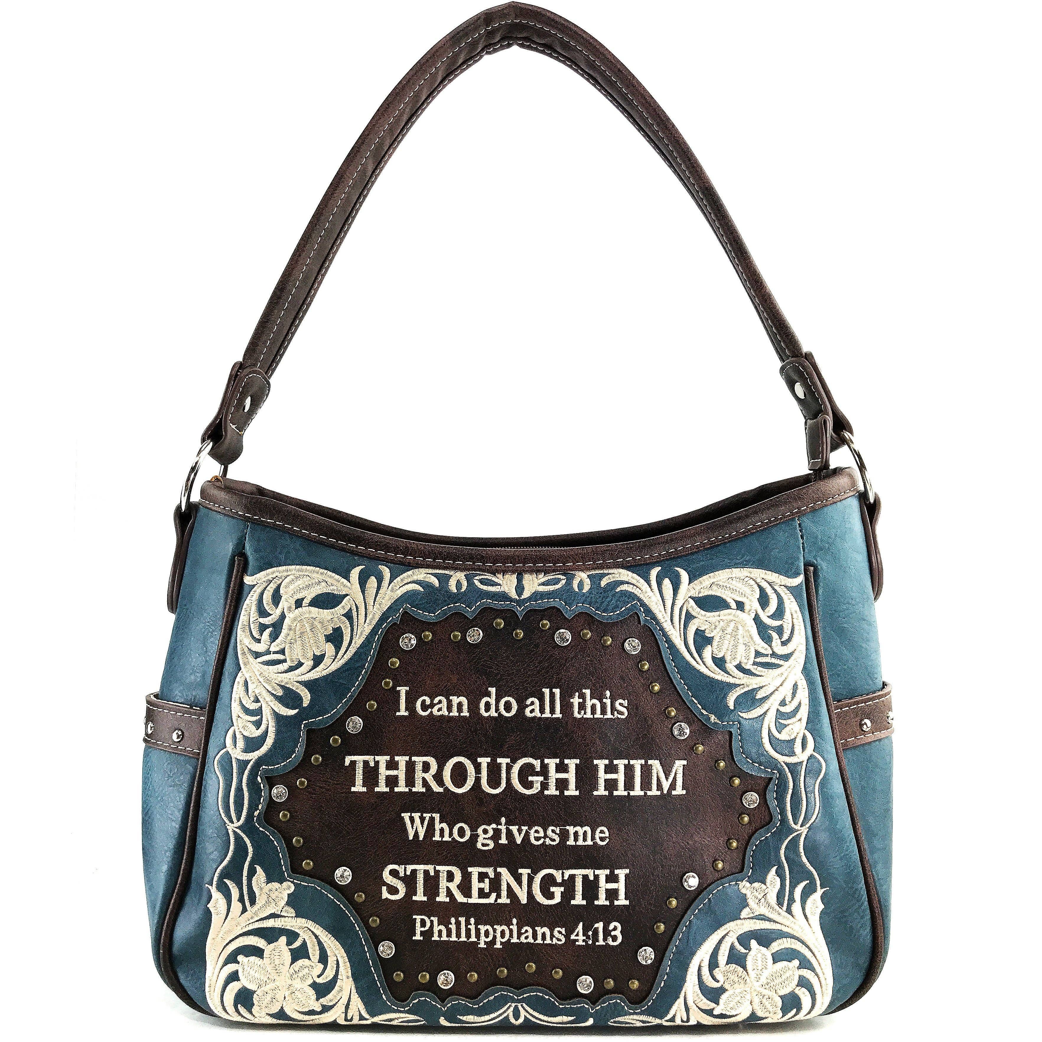 Lunar Deer - Vendita all'ingrosso Tracolla - Donna - Bible Verse Philippians 4:13 Borsa Hobo con ricamo5