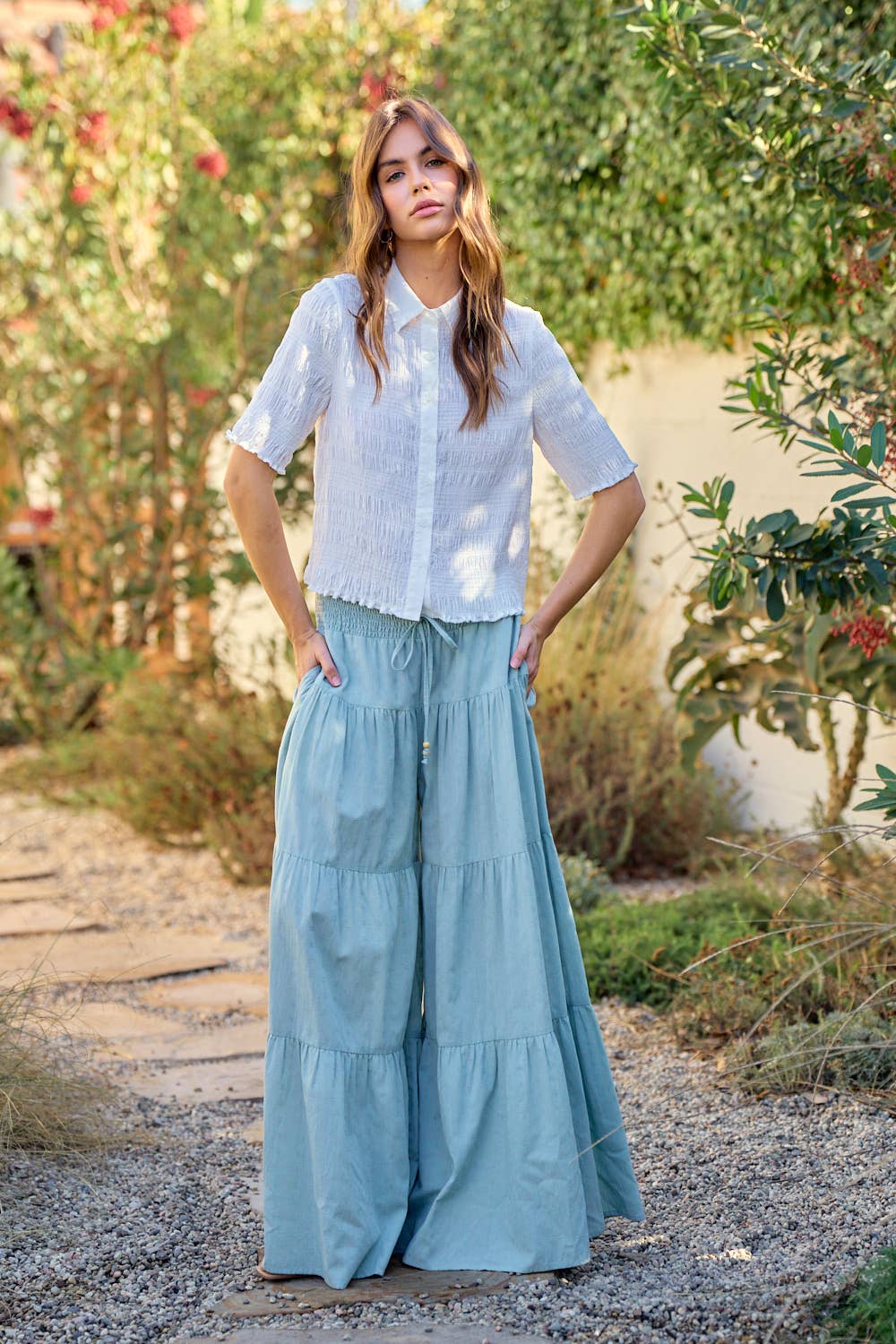 Doe and Rae - Wholesale Pants - Women's - TIERED WIDE PANTS WITH SMOCKED WAIST - 8763P6