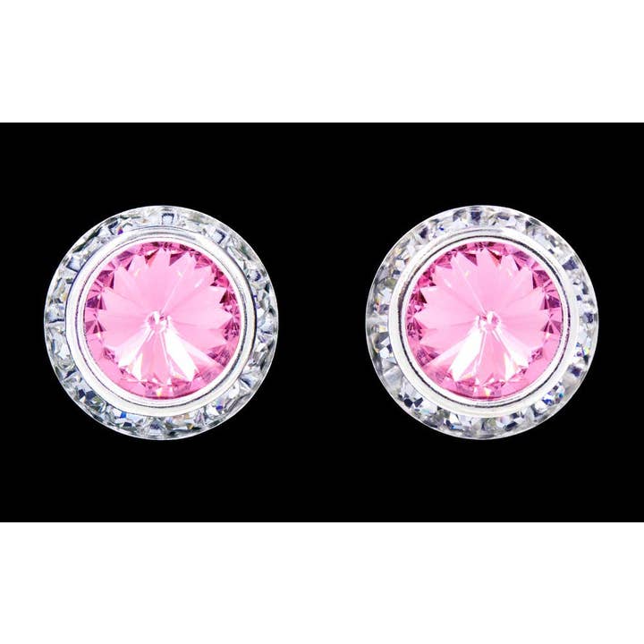 #12537 Light Rose 16mm Rondel with Rivoli Button Earrings for wholesale by Bridal Store Jewelry