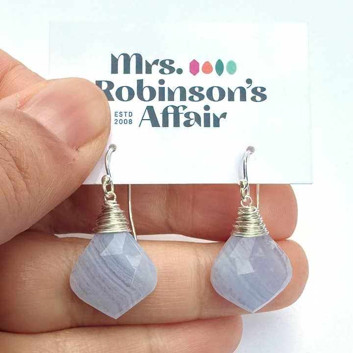 Simple Earrings - Blue Lace Agate - Leaf - Silver for wholesale by Mrs. Robinson's Affair