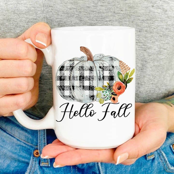 Hello Fall Plaid Pompoen met bloemen Mok van 15 oz voor wholesale door Love You a Latte Shop