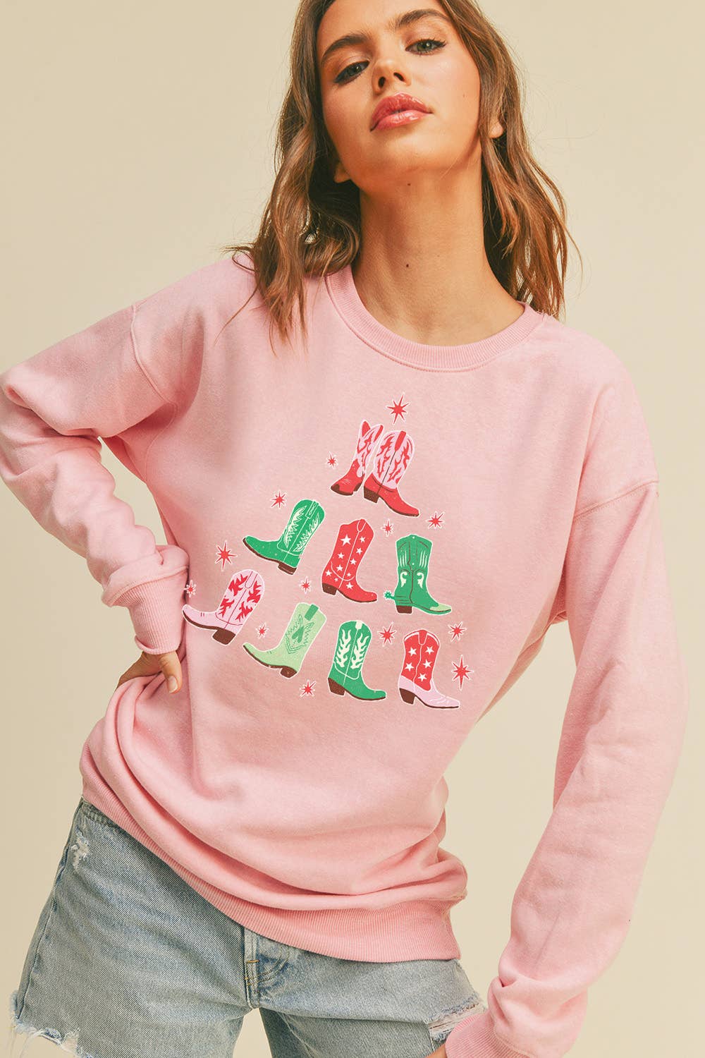Honestee - Wholesale Sweatshirt - Women's - Cowboy Boots Christmas Tree Long Sleeve Sweatshirt6