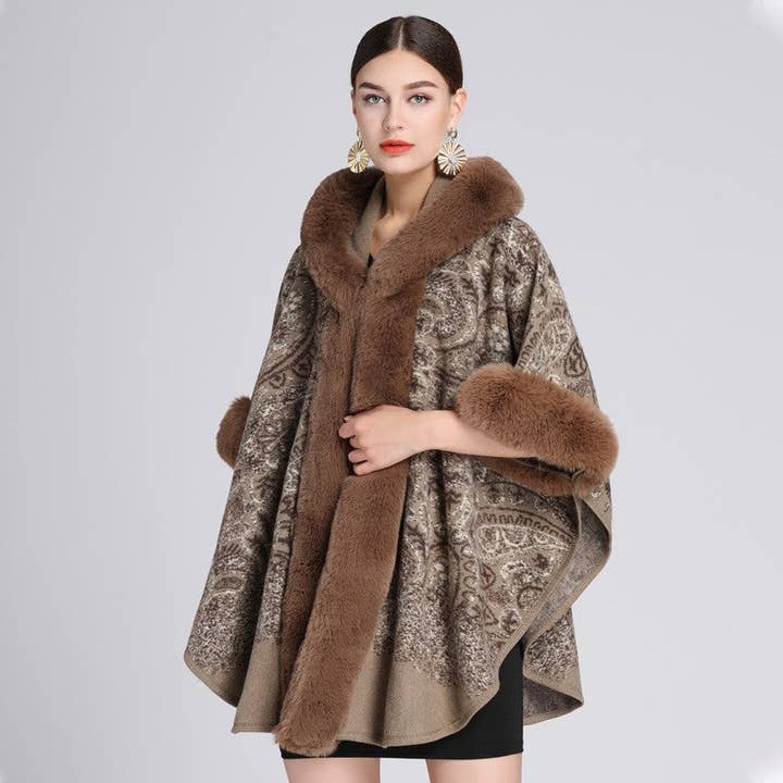 FurDecoration - Wholesale Poncho - Women's - Jacquard Hooded Shawl Poncho With Faux Otter Hair Collar2