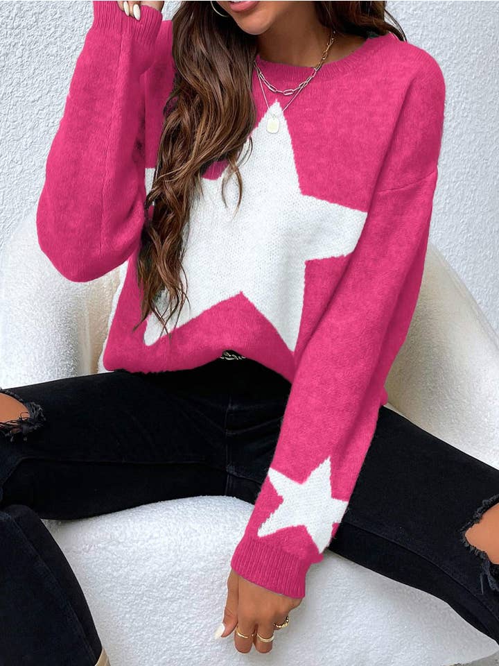 Queen Fashion - Wholesale Knit Sweater - Women's - drop shoulder star pattern sweater4