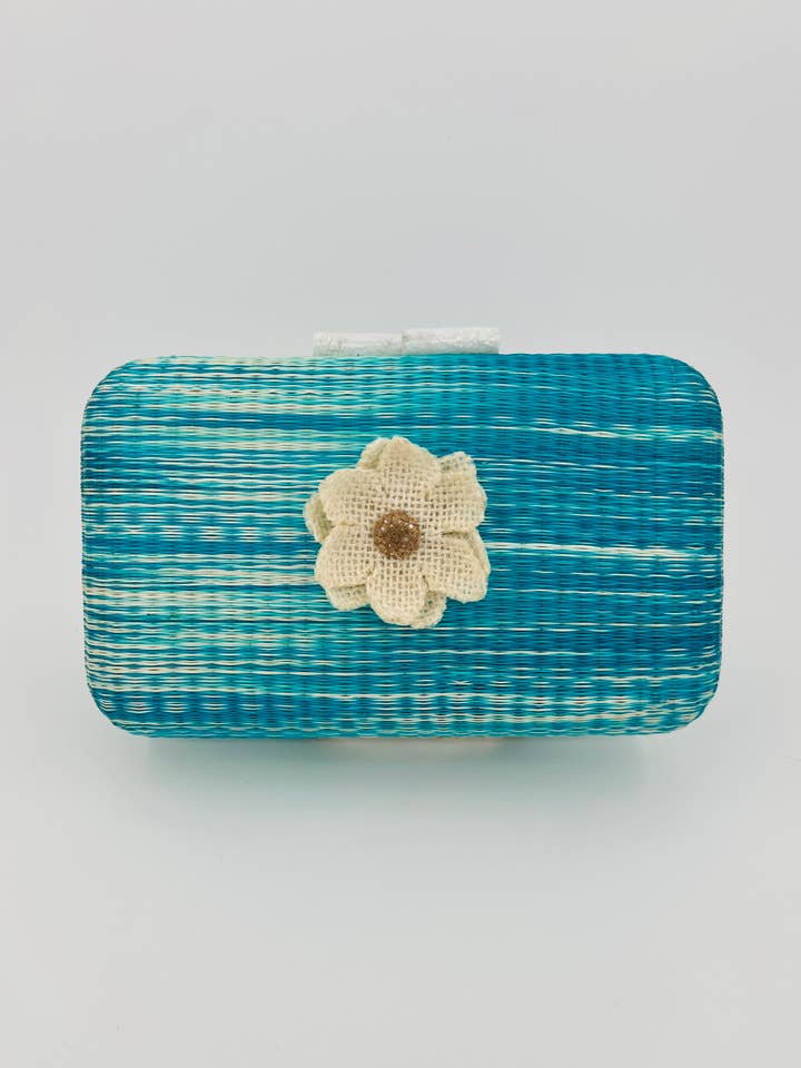 Teal Handwoven Buri Palm Clutch Bag - Pick A Handle for wholesale by Ann Gaylord Bags