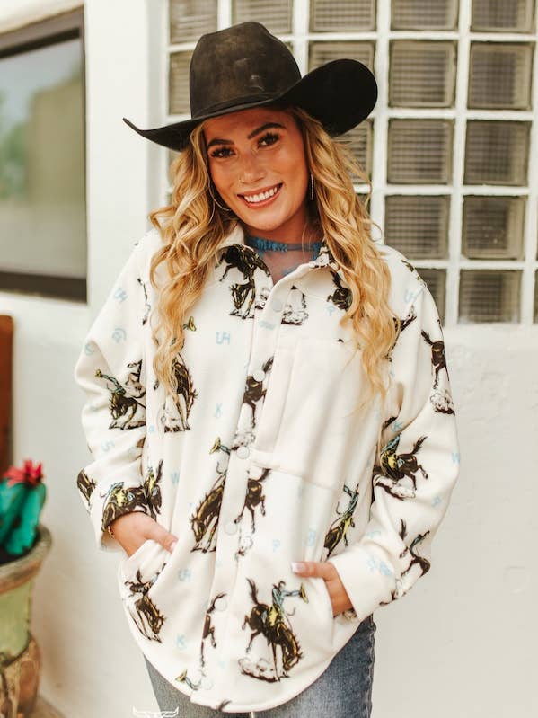 Cream Western Kicking Horse Front Pocket Shirt for wholesale by LUCKY & BLESSED