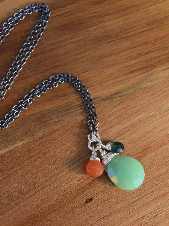 Chrysoprase Carnelian Cluster Silver Chain Necklace for wholesale by Solana Jewelry