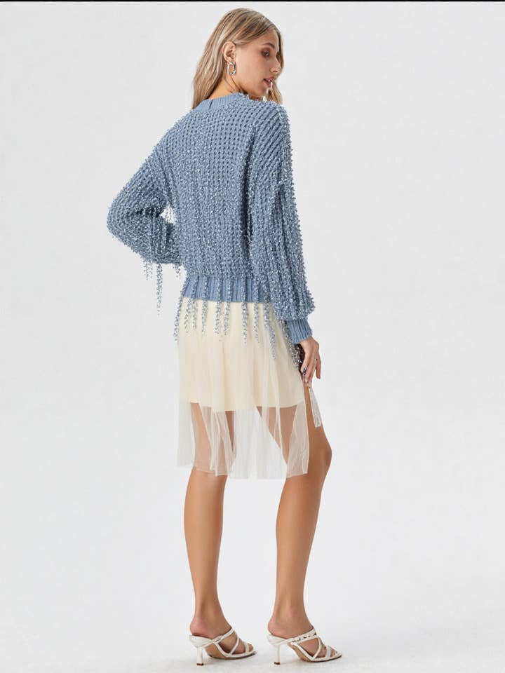 VERY J - Wholesale Knit Sweater - Women's - 12W2944N-Fringe Detail Holiday Party Knit Sweater Top