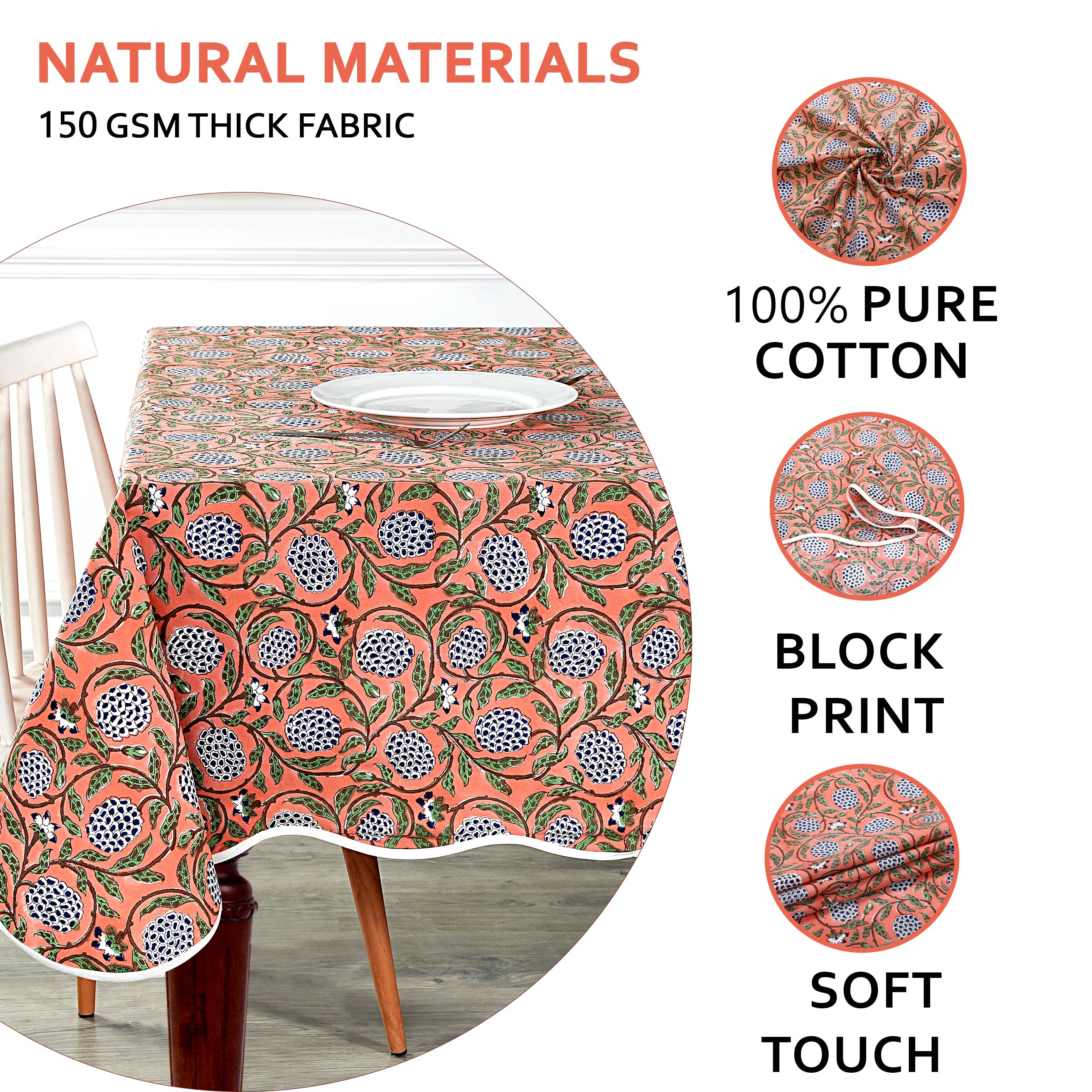 Fabricrush - Wholesale Tablecloth - Dark Salmon Block Printed Piping Tablecloth 100% Cotton   6