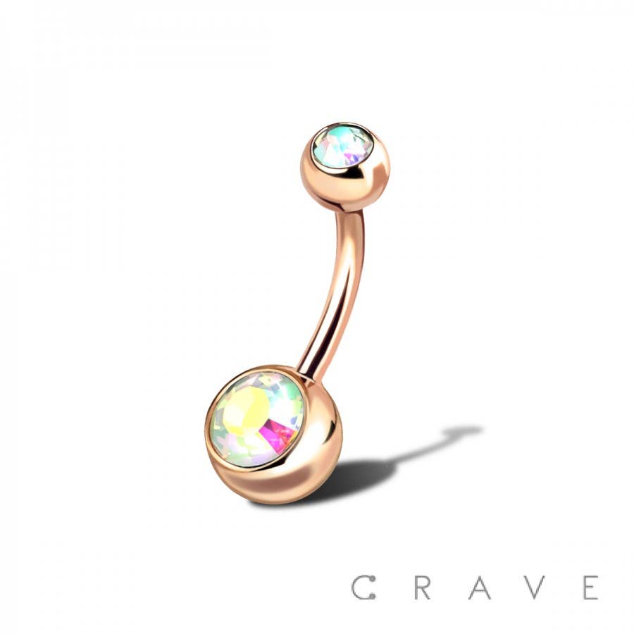 CRAVE - Vente Chaînes visage/corps - BAGUE DE NOMBRIL DOUBLE GEMME EN ACIER INOXYDABLE PLAQUÉ OR ROSE0