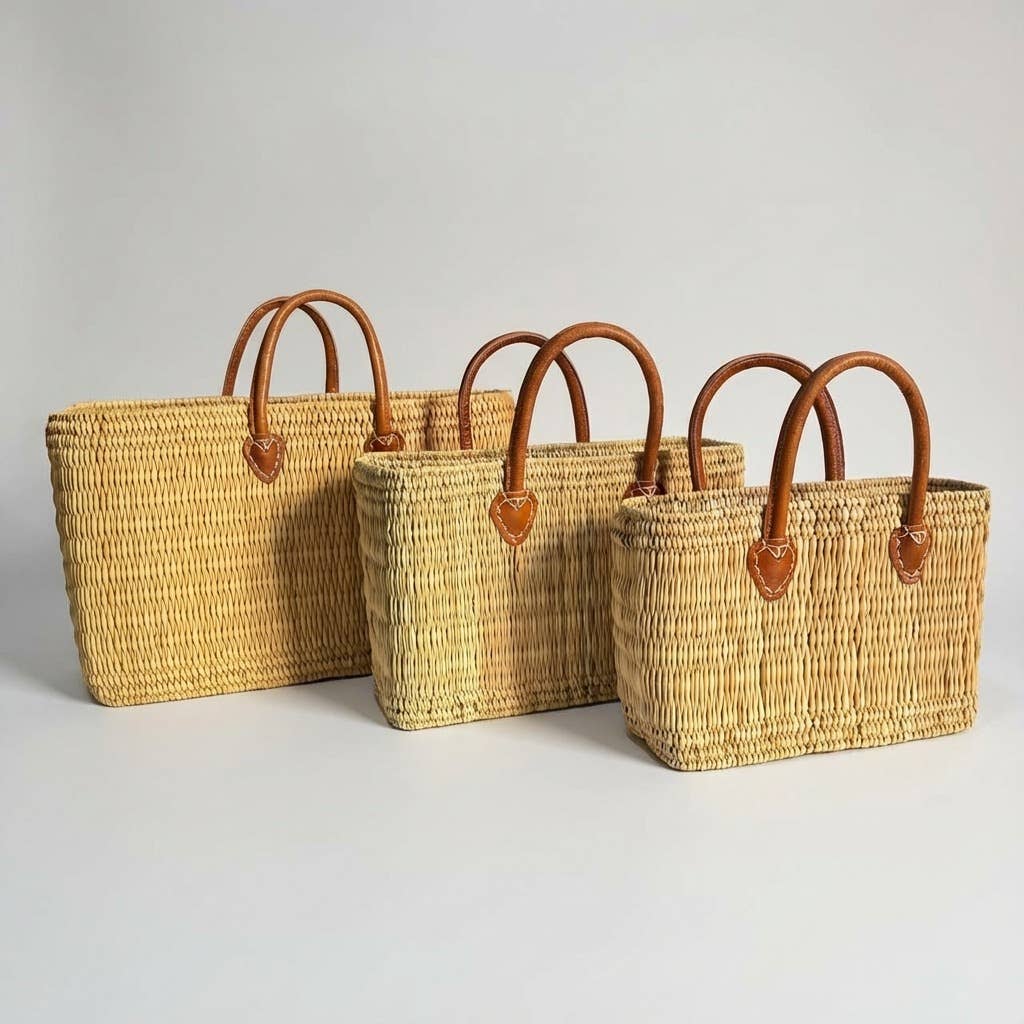 Melecraft - Wholesale Basket - Reed Market Basket Leather Handles - Natural Woven Tote Bag10