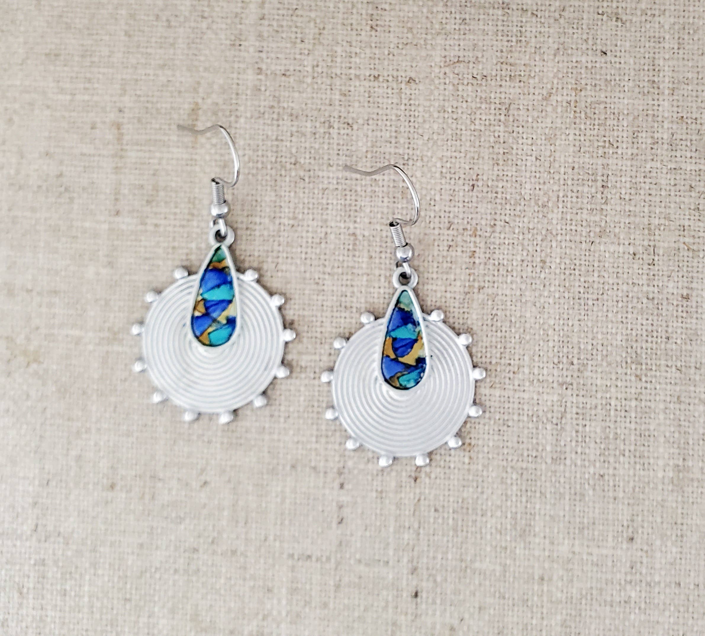 Covaly Artisan Jewelry - Wholesale Dangle Earrings - Alcohol Ink Stainless Steel Circle & Teardrop Earrings 1